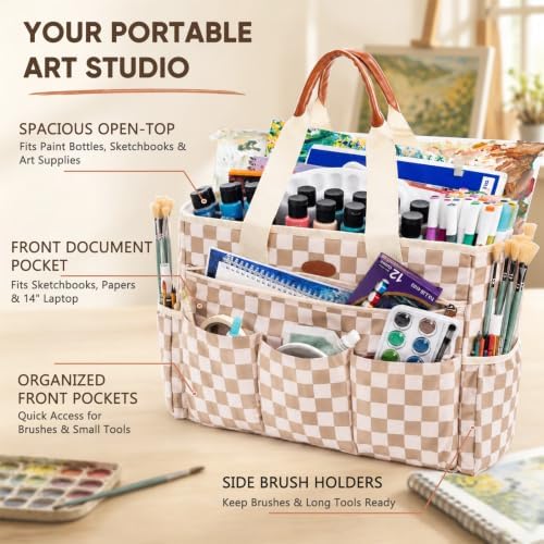 APOFFICE Large Craft Organizer Tote Bag with Multiple Pockets, Art Supply Storage Caddy with Removable Bottom Board and Shoulder Strap for Painting, Sewing, Scrapbooking and Classroom Supplies