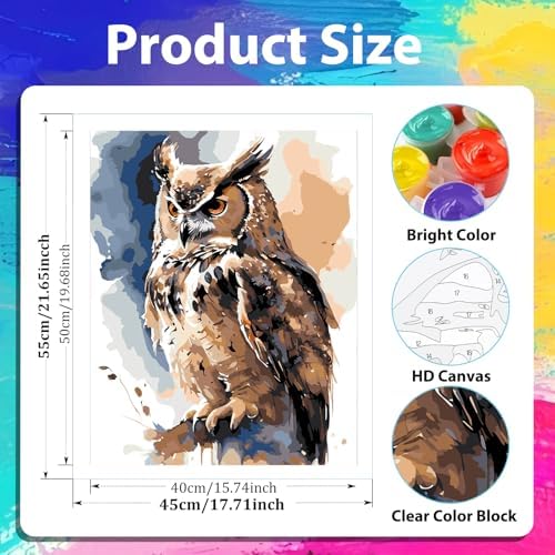 xcemhil Owl Paint by Numbers Kit for Adults Beginner, Owl Paint by Number for Adult, Acrylic Paint by Numbers Kits Suitable for Home Wall Art Decor Gifts 16x20 Inch