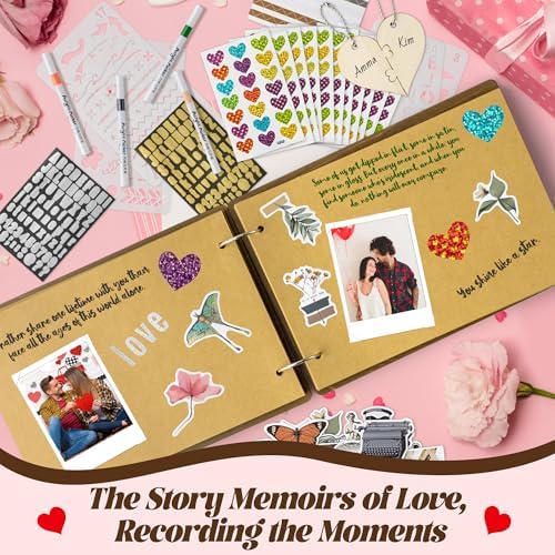 CY2SIDE Couples Photo Album Scrapbook - 111PCS The Story of Us Wooden Scrapbook Craft Kit with Heart Puzzle Brown Paper Sticker and Template for DIY, Romantic Anniversary Dating Gift for Him Her