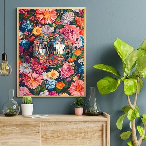 AIBOERL Diamond Art Kits for Adults,Disco Ball Diamond Painting Wall Decor | Round Drill Flower Diamond Painting for Beginners DIY Rhinestone 5D Diamond dots(Gemstone Craft)Wall Art Gift 12x16IN