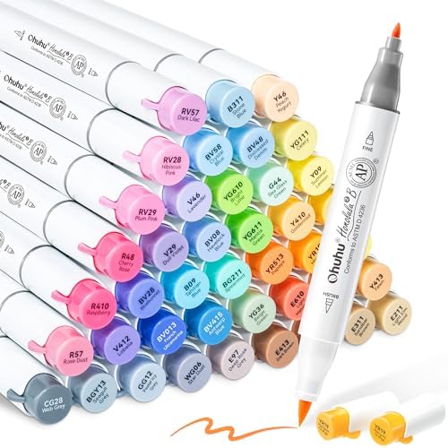 Ohuhu Alcohol Markers Brush& Fine 48 Mid-tone Colors for Adults Coloring