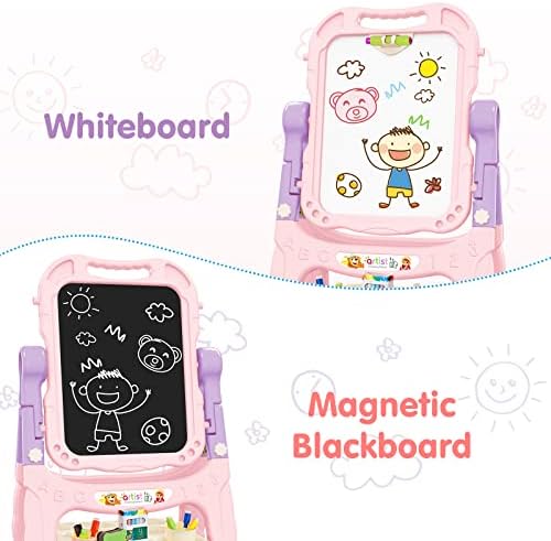 Amagoing Easel for Kids, Adjustable Standing Art Easel for Toddler, Double Side White Chalk Board with Painting Accessories, Birthday Christmas Gift for Little Girls and Boy Age 3 4 5, Pink