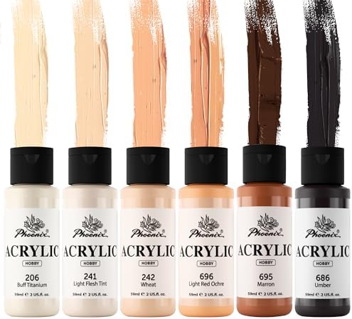 PHOENIX Skin Tone Acrylic Paint - 6 Neutral Colors x 2 Fl Oz / 59ml Flesh Colored Model Paint Set, Plastic Miniature Figures Paints for Adults, Brown Acrylic Paints for Canvas Painting