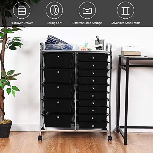 GOFLAME 15-Drawer Rolling Storage Cart, Craft Storage Cart with Removable Drawers & Lockable Wheels, Art Cart Supply Storage Organizer for Home Office Classroom, Black