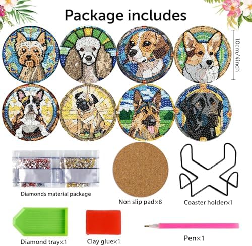 8 Pack Diamond Art Coasters,Dog Animal Diamond Painting Coasters Kits