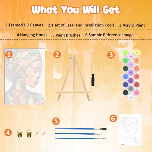 MAXBYE Framed Paint by Numbers Kit for Adults, Black Woman Canvas Painting by Number with Wooden Easel, DIY Acrylic Craft Art Kits with Tools for Beginners Gift Home Wall Decor 10×14 in