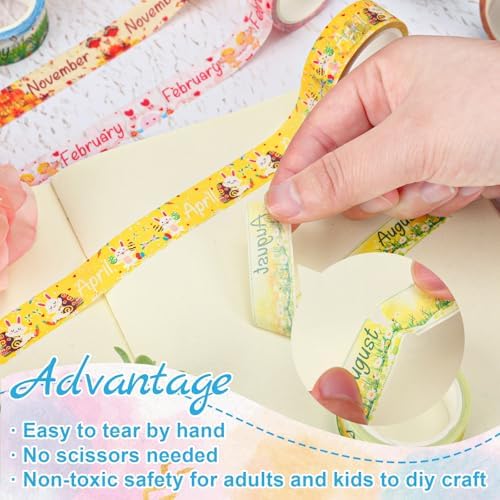 Whaline 12 Rolls Holiday Monthly Washi Tape Seasonal Masking Tape Set 12 Months of The Year Decorative Wrapping Paper Tapes Boxed for Scrapbook Journal DIY Crafts