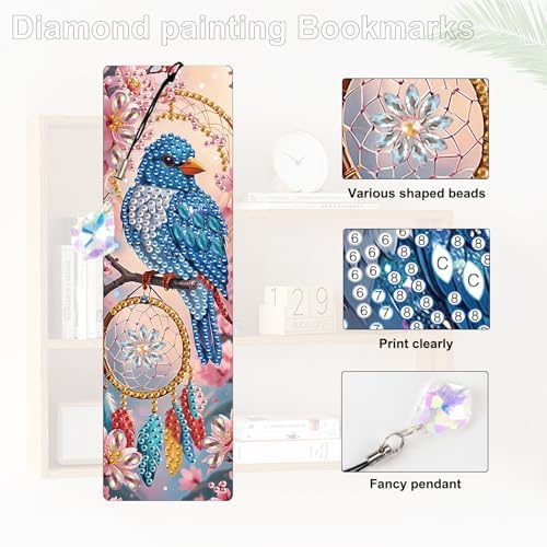 4 Pcs DIY 5D Diamond Painting Bookmark Kits for Adults, Acrylic Crystal Rhinestones Book Marks, Dreamcatcher Bluebird Diamond Art Bookmarks with Crystal Pendant, Handmade Tassel Bookmarks Gift Set