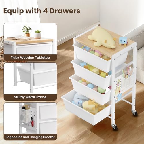 Rolling Cart with 4 Drawers, Plastic Drawer Storage Carts with Wheels & Wooden Tabletop, Metal Utility Cart with Pegboards, Office Living Room Classroom Craft Organization and Storage, Bright White