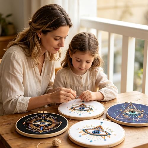 Qupace 3 Pcs Beginner Celestial Constellation Embroidery Kit, Pre-Printed Starry Moon Planet Hand Embroidery Set with Bamboo Hoop, DIY Boho Cosmic Craft Supplies for Adult Wall Decor & Gift