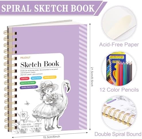5.5×8.5In Sketch Book for Kids, 100gsm Spiral Sketchbook for Drawing,Purple | 90 Sheets Acid-Free Drawing Paper with Pencils, Tear-Out Pages, for Drawing & Sketching, idea for Back-to-School Gifts