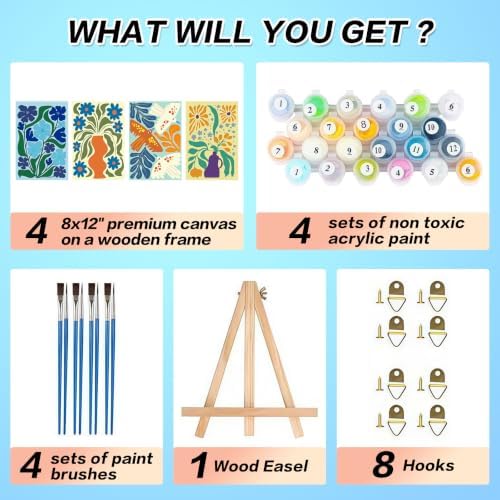 4 Pack Framed Flowers Paint by Numbers Kits for Adults with Easel (8x12in)