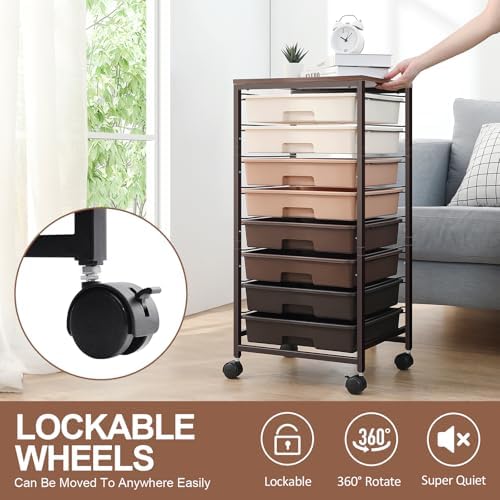 SYKIARIOL Rolling Cart with Drawers, 8 Drawers Utility Cart, Brown Gradient | Craft Organizers and Storage Cart with Wooden Top for Living Room,Classroom,Bedroom,Dorm,Home Office
