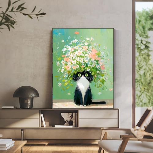 Amaieuin Cat Paint by Numbers Kit for Adults,Canvas Paint by Numbers for Adults,Flowers Cat Paint by Number Adult DIY Flower Painting Kit for Relax Gifts and Home Wall 20x16in