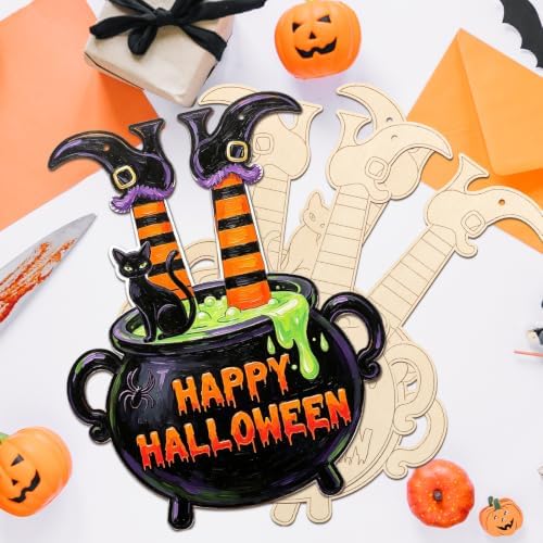 Paintable Halloween Ornaments 3 Sets, Wooden Happy Halloween Cauldron Ornaments to Paint, Unfinished Bat Cat Witch Wreaths Wood Crafts for Painting, DIY Wood Cutouts Hanging Ornament for Door Decor