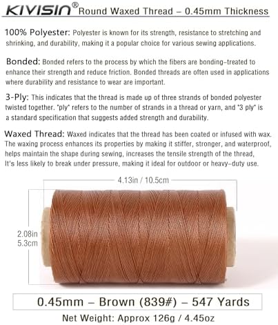 Thin Wax Polyester Thread, 0.45mm, 547 Yards, 3 Ply Round Waxed Cord Strings for Sewing, Beading, Binding, Micro Braiding, Fine Leather Craft and Micro Macrame Jewelry - Brown