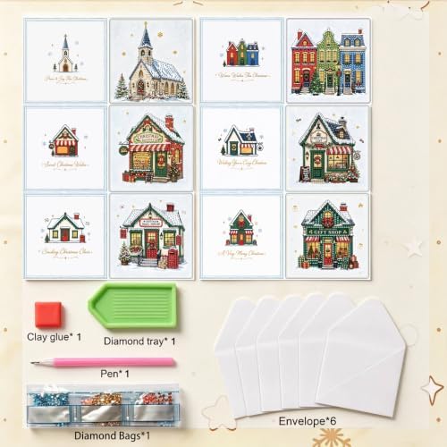 BAYUNOE 6Pcs Christmas Diamond Art Painting Greeting Card Kit with Envelope