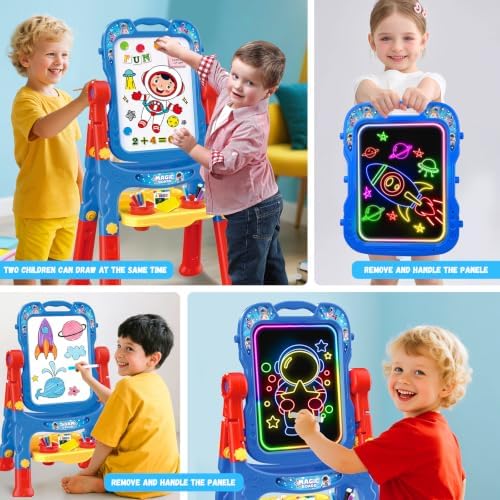 2-in-1 LED Drawing Board, Art Easel for Kids – Adjustable Double-Sided Rotatable Art Easel with Painting Accessories, Preschool Learning Toy for Boys Aged 3-5, Perfect Christmas, Birthday Gift (Blue)