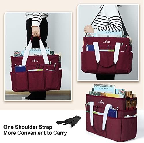 JJRING Craft Organizer Tote Bag Large Art Storage Caddy Dark Red | With Multiple Pockets For Sewing, Scrapbooking, School, Medical, And Office Supplies