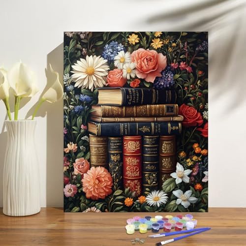 obterie Book Paint by Numbers Kit for Adults Beginner Flowers Oil Painting Kit Adult Paint by Number Kits on Canvas DIY Painting for Beginners Art by Numbers for Gifts Home Wall Decor 16x20 Inch