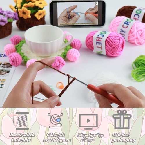 Yarniss Beginners Crochet Kit, Tulip Flower Coaster Set w/Video Guide