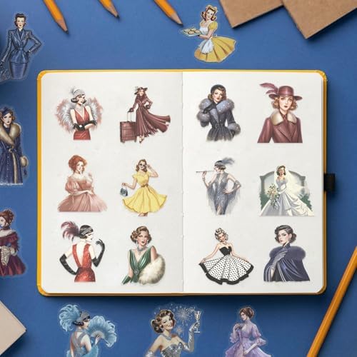 50pcs Retro Girl Stickers for Laptop Water Bottles, Transparent PET Waterproof Adhesive Faddish Decals Modern Woman Sticker for Teens Adult Birthday Party Scrapbook Phone (Retro-1)