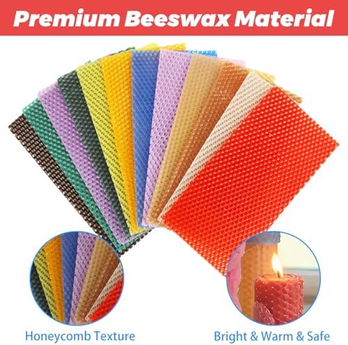 LDHHYH 4x8 Inch Beeswax Sheets for Candle Making, 24 PCS Beeswax Candle Making Kit for Adults, 12 Bright Colors Beeswax Honeycomb Sheet with Cotton Wick for DIY Crafts Candle Making Rolling Kits