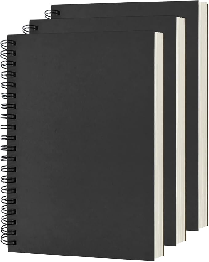 DSTELIN Blank Spiral Notebook, 3-Pack, Soft Cover, Sketch book, 100 Pages / 50 Sheets, 7.5 inch x 5.1 inch, 100GSM, (Black)
