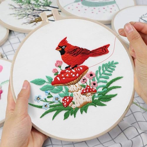 Louise Maelys Embroidery Kit, Cardinal Mushroom Canvas Tote Bag Craft Set