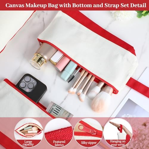 Silkfly 15 Pcs Cotton Canvas Makeup Bags Cosmetic Zipper Bags 10.2 x 5.5 x 2'' Blank DIY Pouch Bulk Pencil Case with Bottom Travel Toiletry Pouch for Women Craft Decor Gift (Beige and Red)