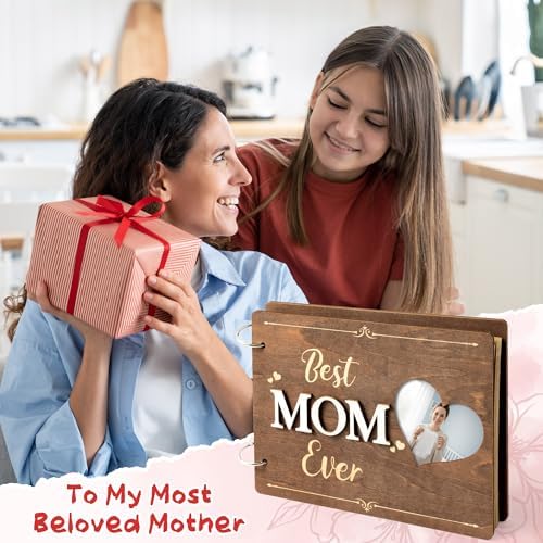CY2SIDE Best Mom Ever Album Scrapbook - Mother’s Day Wooden Scrapbook Craft Kit, DIY Photo Memories Book with 30 Brown Pages Birthday Gift for Mother’s Day, DIY Handmade Scrapbook Gift for Mom Grandma