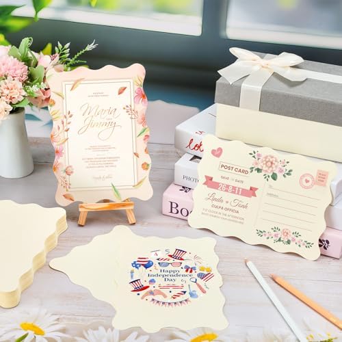 FYSUIMU 100Pcs Scalloped Cardstocks 5" x 7" Beige Rectangle Blank Cards with Wave Edge Thick Card Stock Paper for Cards Making Invitations DIY Crafts Baby Shower Wedding Party Supplies
