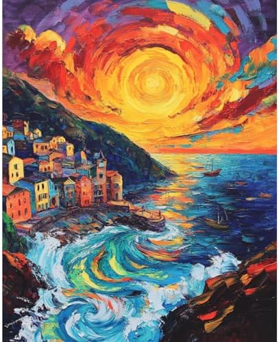 Sunset Paint by Numbers Kit for Adults Beginner Cinque Terre Italy Oil Painting Kit Adult Paint by Number Kits on Canvas DIY Painting for Beginners Art by Numbers for Gifts Home Wall Decor 16x20 Inch﻿