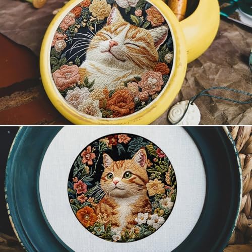 FONNUY 2 Set Embroidery Kit DIY for Adult Beginner, Pre-Stamped Patterns Mountain Sea Embroidery Kits with Hoop, Colored Threads and Needles, Easy to Follow Needlework (Cute Cats)