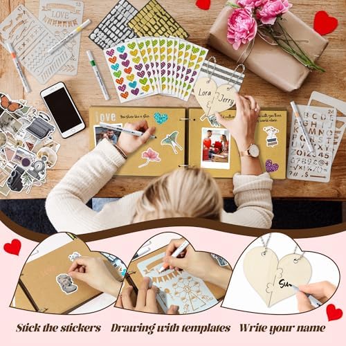 CY2SIDE Couple 1 Year Anniversary Scrapbook - 111PCS 1st Down Photo Wooden Album Scrapbook Craft Kit with Heart Puzzle Brown Paper Sticker Marker Template for DIY Anniversary Dating Gifts for Him Her