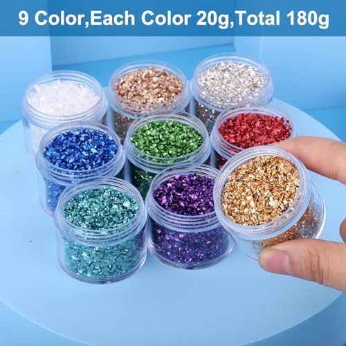 9 Box Broken Crushed Glass Glitter, 9 Box Gold Foil Flake Irregular Shards Metallic Crystal Chips 2-4mm Chunky Flakes Sequins Gravel for Epoxy Resin Craft Supplies
