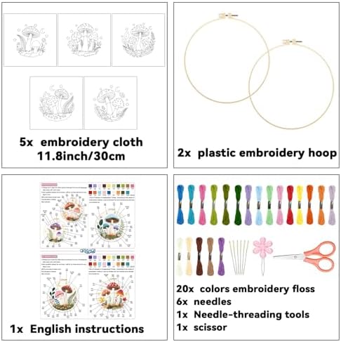 ORIGACH 5 Pack Mushroom & Plants Embroidery Kits for Beginners DIY Starter Hand Embroidery Kit with Floral and Plants Patterns and Instructions for Adults Women Crafting