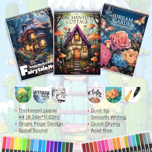 3Pcs Spiral Adult Coloring Book for Women Relaxation with 36 Colors Markers