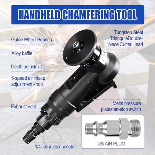 Pneumatic Chamfering Tool Handheld, Mini Air-Powered Chamfering Machine Trimming, 45° Arc Corner with 1/4 Inch Air Inlet for Metal Wood Beveling Deburring (R Angle Blades)