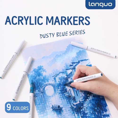 languo Acrylic Paint Markers, 9 Colors Dusty Blue Series, Soft Brush Tip