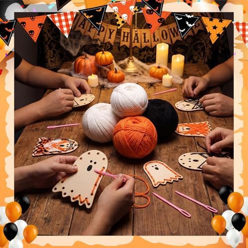 Kathfly 24 Set Halloween Wooden Craft Kit Ghost String Craft Ornaments with Yarn and Plastic Weaving Tools DIY Art Hanging Decorations for Classroom Halloween Haunted House Party Favor Home Activities