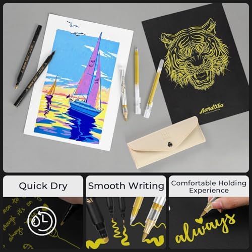 8 Pack Gold Acrylic Ink Pens for Drawing, Fine Point Gold Gel Pens, Brush Tip Markers，Dual-Tip Opaque Acrylic Markers for Black Paper Highlighting Drawing, Sketching, Illustration, Card Making