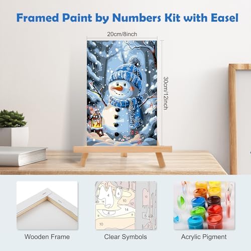 MOGTAA Christmas Paint by Numbers Kit for Adults Beginners with Frame, Christmas Snowman Adult Paint by Number Kits on Canvas with Easel, Easy DIY Winter Oil Painting Kits for Home Decor, 8x12in