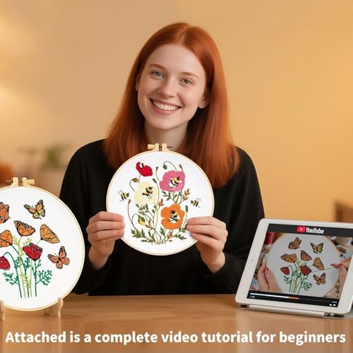 Flowers Embroidery Kits for Beginners Adults, Butterfly Hand Embroidery Starter Kits, Bee Cross Stitch Kits for Beginner Needlepoint DIY Kits for Adult, 2 Set Embroidery Hoops, Thread & Video Tutorial