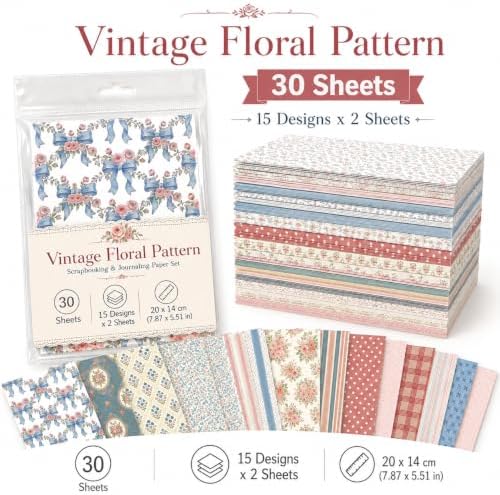 30 Sheets Vintage Floral Pattern Scrapbook Paper, Craft Cardstock for Journaling, Gift Wrapping, Collage Art & DIY Greeting Cards