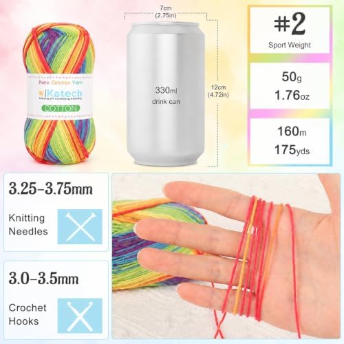 Katech 1OO% Rainbow Cotton Yarn for Crocheting-2 Sport Weight Baby Yarns