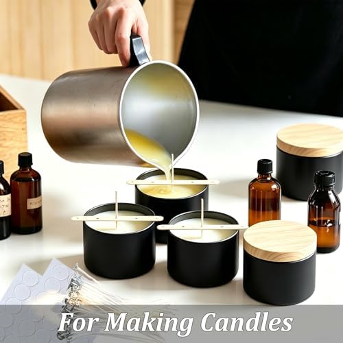8oz Black Candle Tins with Wood Grain Lids, Matte Jars for Candle Making, Empty Metal Container, Bulk Empty Containers for Beginners & DIY Storage (Black with Woodgrain Lid, 8oz-12pcs)