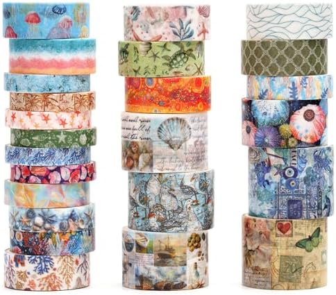 Vintage Washi Tape Set - 24 Rolls Arts Adhesive Tapes Assorted Retro Decorative Masking Tape Sets for Craft, Kids, Scrapbook, DIY, Gift Wrapping (8-Sea Treasures)