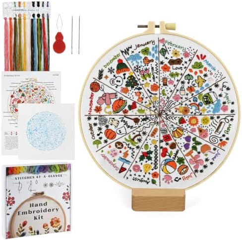 A Year of Doodles Embroidery Kit for Beginners Adults, 12-Month Seasonal Icon Wheel Easy Cross Stitch Kit Easy All-Year Round Embroidery Starter Kits with Wooden Hoop Needles Threads and Instruction