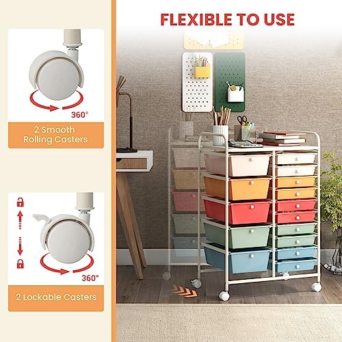 GOFLAME 15-Drawer Rolling Storage Cart, Craft Storage Cart with Removable Drawers & Lockable Wheels, Art Cart Supply Storage Organizer for Home Office Classroom, Macaron Color